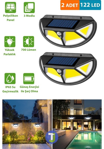 Technojet 2adet 122cob Ledli Güneş Enerjili Bahçe Aydınlatma Solar Lamba Hareket Sensörlü Çok Renkli