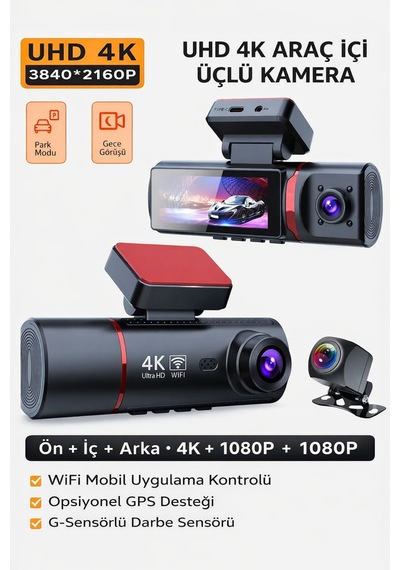 Gps Li 4k Araç Kamerası Wifi Destekli Üçlü Kayıt Gece Görüşlü Dashcam Sistem