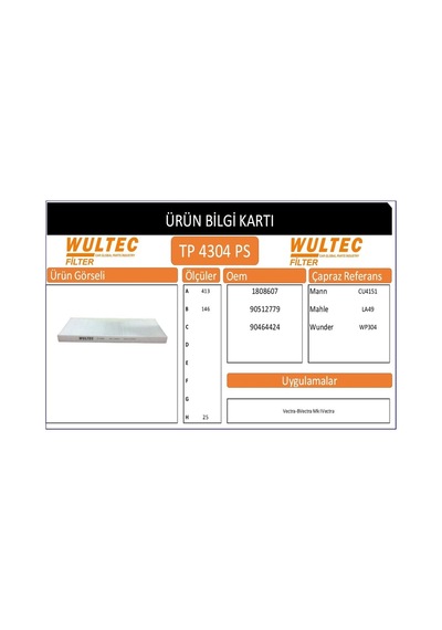 Opel Vectra B 1.6i-1.7tdı-1.8i-2.0i Uyumlu Polen Filtresi