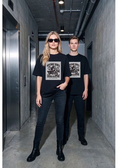 Black Nova Oversize Baskılı Unisex %100 Pamuk T-shirt Vintage Legends Siyah