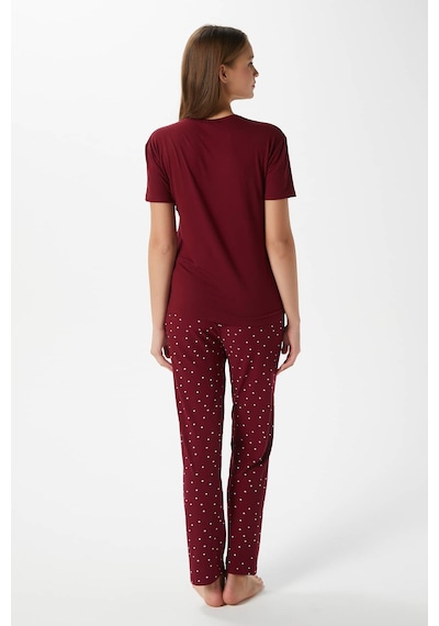 Ritnice Kadın Garden Yumuşak Doku Bordo Çiçek Desen Bisiklet Yaka Kısa Kollu Alt Üst Pijama Takımı