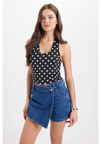 Tudors Kadın Standart Fit Normal Kesim Halter Yaka Kolsuz Puantiyeli Siyah Bluz-50987