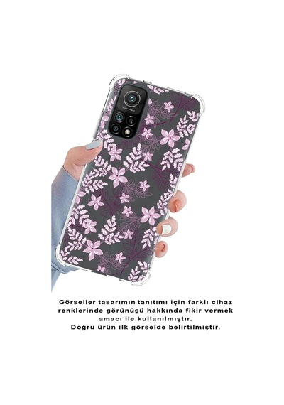 Xiaomi Poco X3 Pro Köşe Korumalı Antişok Kapak Floral Pudra Tasarımlı Şeffaf Silikon Kılıf