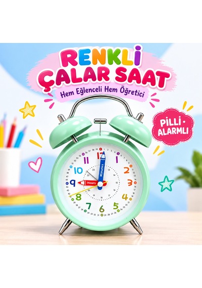 Eğitici Ve Eğlenceli Renkli Çalar Saat Pilli, Metal Gövdeli Çocuk Saati Turkuaz