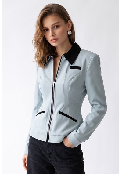 Mixray 2226 Kadın Astarlı Fileto Cepli Çift Fermuar Slim Fit Ceket Buz Mavisi