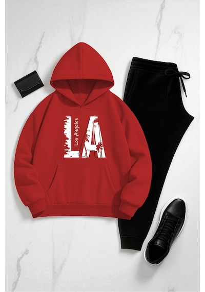 Uyguntarz Unisex Los Angeles Baskılı Eşofman Takımı Kırmızı