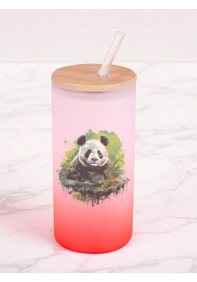 Yeşillikler İçinde Panda Baskılı 600 Ml Cam Matara- Su Matarası, Suluk Matara, Cam Pipetli Matara Kırmızı