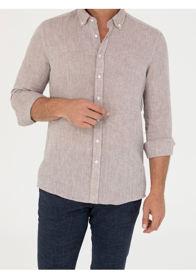 Cacharel Kahverengi Slim Fit %100 Keten Gömlek