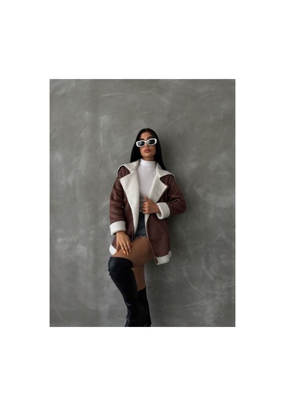 Verymoda Siyah Deri Fermuarlı Yakası Kürklü Mont F1534 Taba Krem