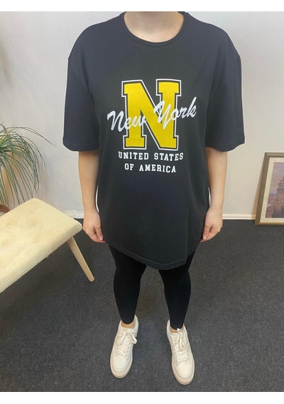 Kadın Bisiklet Yaka Oversize Fit N Baskılı Tişort Spr24tsk113 Black Kadın Bisiklet Yaka Oversize Fit N Baskılı Tişort Spr24tsk113 Black