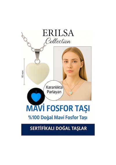 Erilsa Sertifikalı Kalp Model Mini Mavi Fosfor Kolye Parlayan  V Çok Renkli