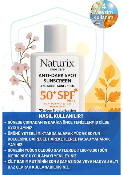 Leke Karşıtı Güneş Kremi Spf 50+ Pa+++ Uva-uvb Koruma 72 Saat Nemlendirme Water Resistant - 50ml