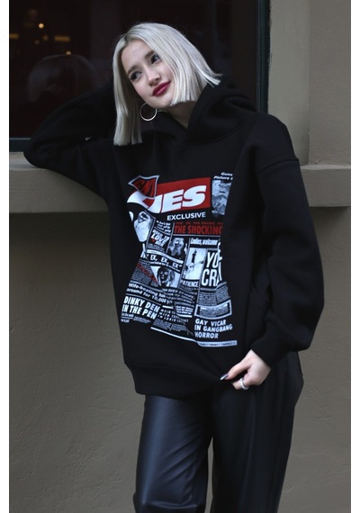 Madmext Siyah Baskılı Oversize Kapüşonlu Kadın Sweatshirt Mg1581