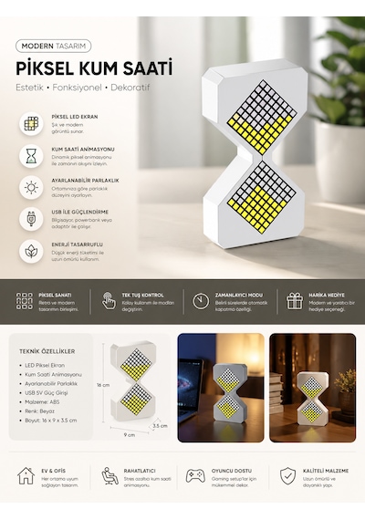 Kenly Modern Dijital Kum Saati Zamanlayıcı 1-30 Dakika Şarjlı Led Elektronik Saat Dekoratif Masa Lambası Gece Işığı 07 Beyaz