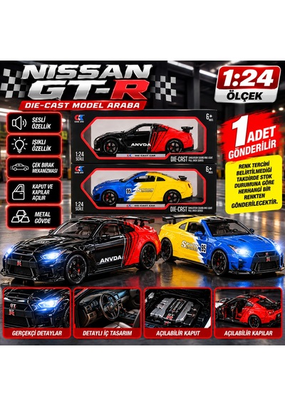 Nissan Gt-r 1:24 Ölçek Metal Oyuncak Araba Sesli Işıklı Çek Bırak Spor Araba 1 Adet