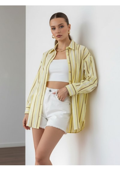 Pera Moda Oversize Çizgili Uzun Kadın Gömleği Sarı