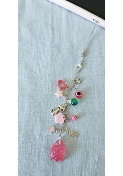 Çok Renkli Telefon Askısı, Gümüş Zincir, Kaplumbağa Ve Kedi Figürlü, Nazar Boncuklu, Pembe Aksesuarlı Charm