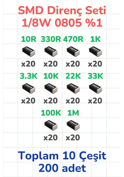 Smd Direnç Seti 1/8w 0805 %1 200 Parça 10 Çeşit 10 330 470 1k 3
