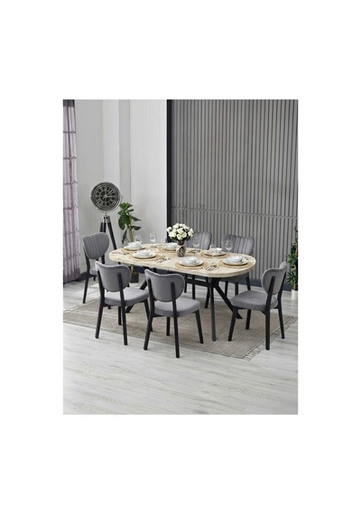 Nova Traverten Masa Takımı 6 Adet Sandalye/90x170 Cm Yemek Masası Gri Gri