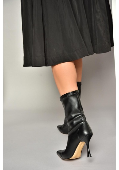 Fox Shoes T752582409 Siyah Streç Deri İnce Topuklu Kadın Bot Siyah-Suni Deri Siyah
