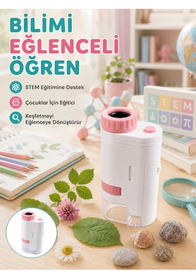 Taşınabilir Led Mikroskop 80x-200x Büyütmeli Çocuklar İçin Eğitici Bilim Mikroskobu
