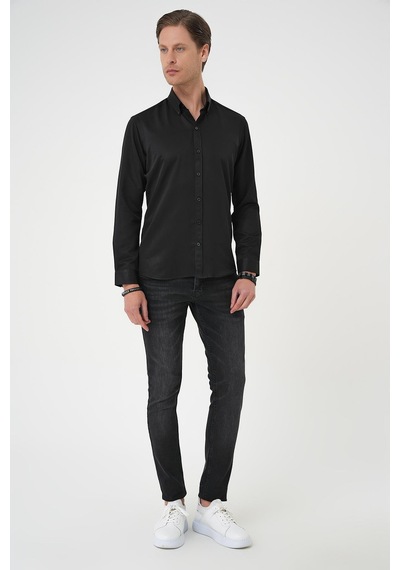Efor Slim Fit Düğmeli Yaka Pamuklu Klasik Siyah Gömlek Gk 736 Siyah