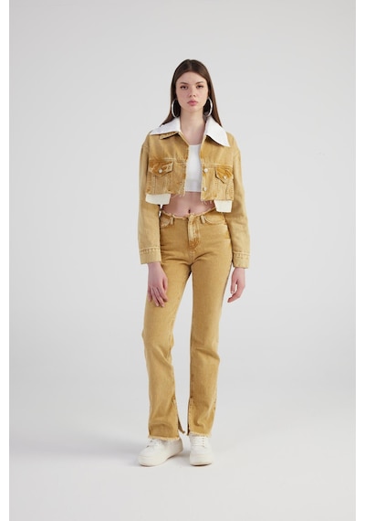 Holly Lolly Mermer Desenli Çıkarılabilir Yaka Detaylı Crop Kesim Cepli Rusted Jean Ceket Camel
