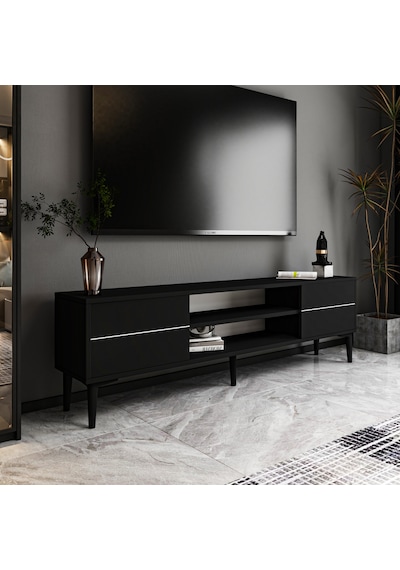 Aragon Modern Tv Sehpası 140 Cm, 2 Kapaklı + 2 Açık Raflı Tv Ünitesi - Siyah