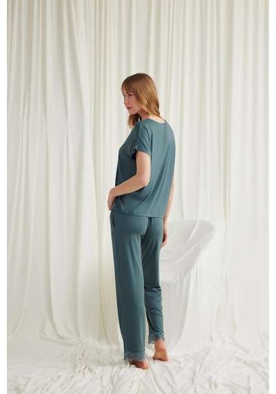 Monamise Kadın Kısa Kollu V Yakalı Dantelli Pijama Takımı 18541-yeşil Yeşil