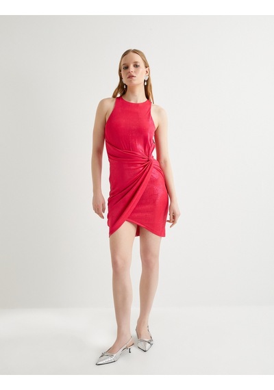 Koton Mini Elbise Kolsuz Kruvaze Halter Yaka Drape Detaylı Astarlı Pembe 4sak80075fk