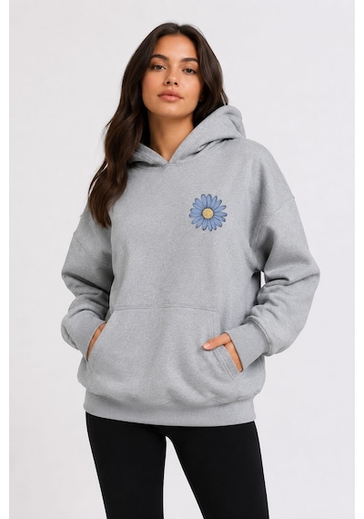 Herkesemoda Papatya Baskılı Kapüşonlu 2 İplik Şardonlu Sweatshirt Gri
