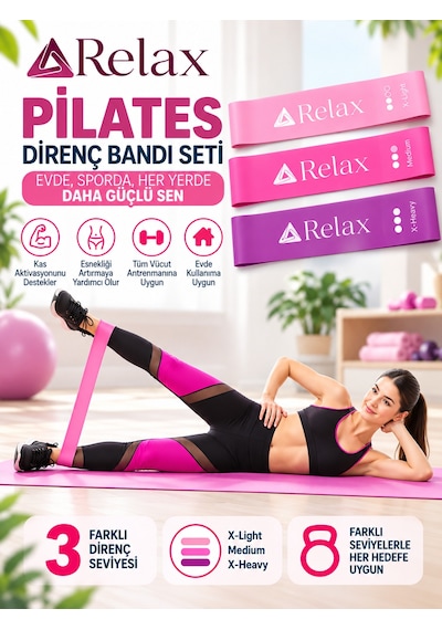 3 Seviyeli Pilates Direnç Bandı Seti- X-light, Medium Ve X-heavy Pembe