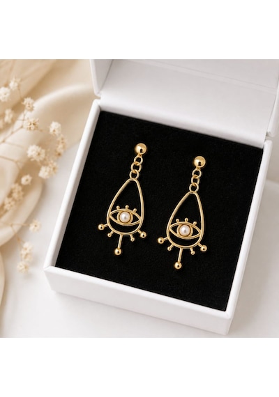 Cm Jewelry Göz Ve İnci Detaylı Gold Çelik Küpe Altın