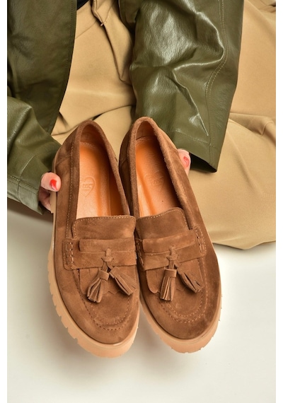 Fox Shoes Z944014461 Taba Süet Kalın Tabanlı Püsküllü Loafer Ayakkabı