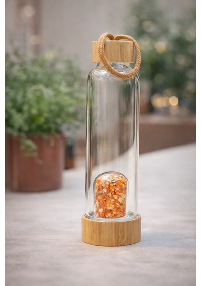 Sarı Adventurin Doğal Taş Bambu Kapaklı Cam Su Matarası - 550 Ml - Özel Kılıflı Beyaz