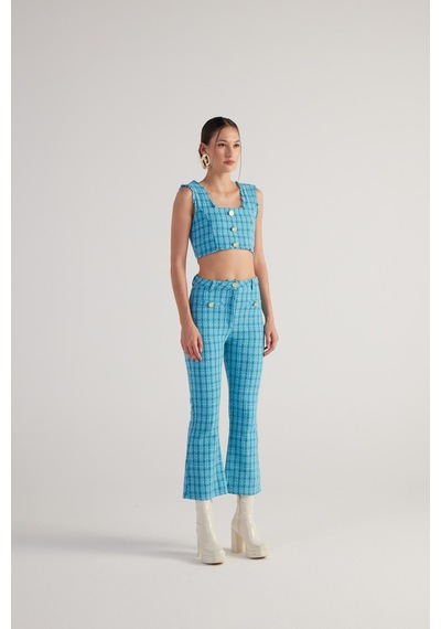 Holly Lolly İspanyol Kesim Tüvit Tweed Pantolon Mavi