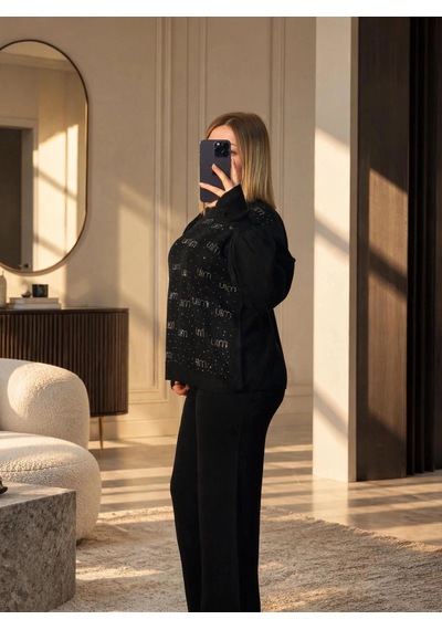 Elora Atelier Taş Detaylı Siyah Triko Takım