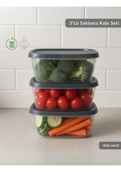 3'lü Saklama Kabı Seti Kare Erzak Kabı Bpa Free Derin Dondurucu İçin Uygun 900 Ml Şeffaf