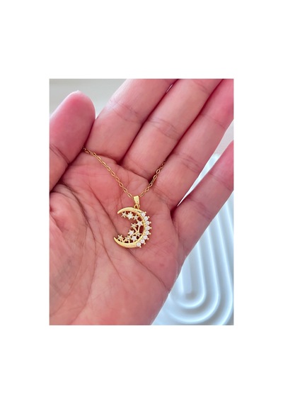 Ay Detaylı Gold Çelik Kolye Altın