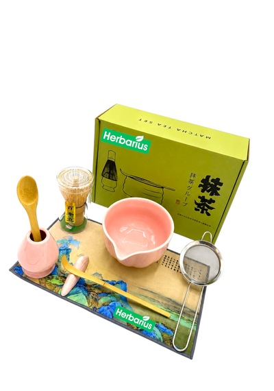 Herbarius 8 Parça Parlak Pudra Pembe Renk Matcha Çayı Hazırlama Seti - Geleneksel Japon Matcha Seti