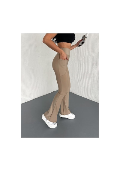 Gugus Kadın Yüksek Bel Toparlayıcı Çift Cepli Ispanyol Paça Tayt Bootcut/push Up Bej