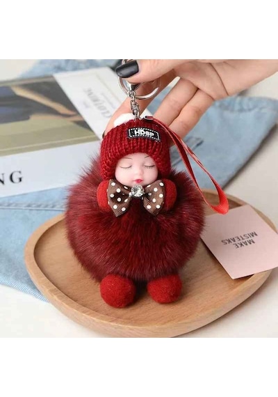 Sevimli Ponpon Uyuyan Bebek Peluş Kadın Kız Araba Çanta Anahtarlık Aksesuar Kırmızı