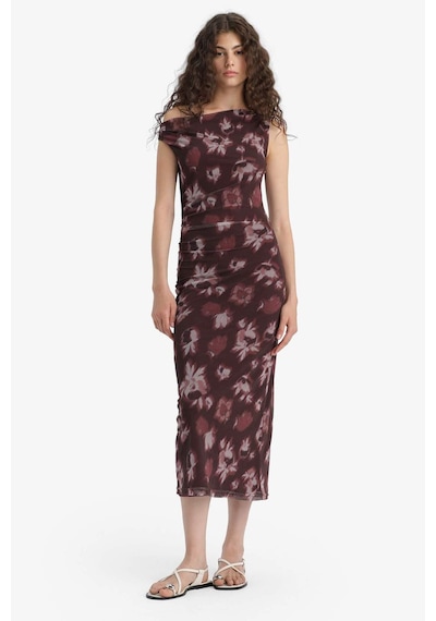 Defacto Bodycon Vücudu Saran Açık Omuz Çiçek Desenli Tül Maxi Elbise F0421ax25aubr232 Bordo