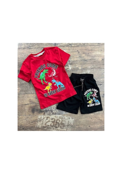 Süslü Kids Erkek Çocuk Dinozor Baskılı Tişört Şort Alt Üst Takım D.kırmızı