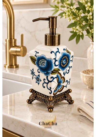 Chacha Home Aurelia Seramik Sıvı Sabunluk 470 Ml Antik Bronz Görünümlü Ayaklı Ve Pompalı 22 Cm Mavi