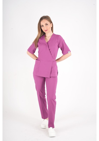 Açık Mor Elegant Model Cerrahi Üniforma Belden Bağlamalı Scrubs Takım Mor