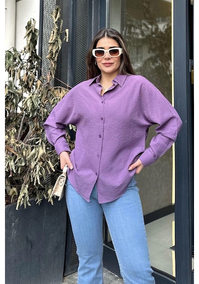 WeShaya Kadın Mor Basic Model, Gofre Kumaş, Salaş Gömlek Lila