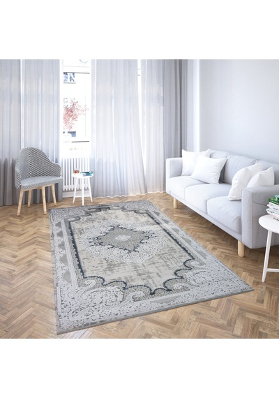 Nostalji Seri Gri Klasik Motifli Altı Kaymaz Makine Dokuma Halı 13631-840 Beyaz