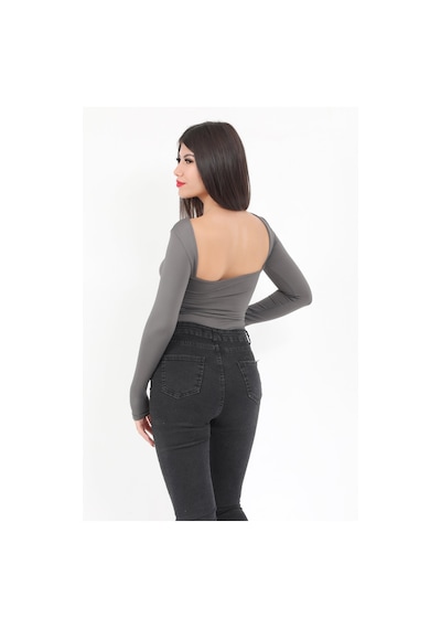 Giysa Kadın Füme Sırt Dekolteli Uzun Kollu Çıtçıtlı Esnek Zıbın Body - 2440 Füme