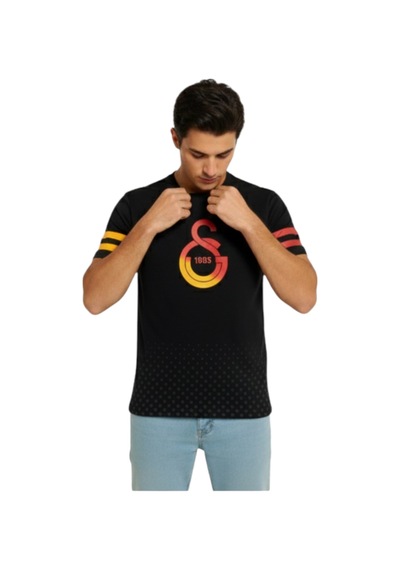 Gsstore Galatasaray Lisanslı Logo Baskılı Siyah T-shirt Bayrak Ve Uv Kutu Siyah